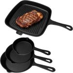 Cast iron skillet set with nonstick pre-seasoned surface, heavy-duty cookware for low-oil cooking.