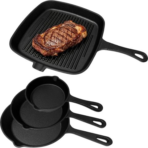 Cast iron skillet set with nonstick pre-seasoned surface, heavy-duty cookware for low-oil cooking.