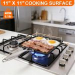 Square cast iron grill pan with stainless steel handle, pre-seasoned ridged surface, suitable for indoor and outdoor BBQ.
