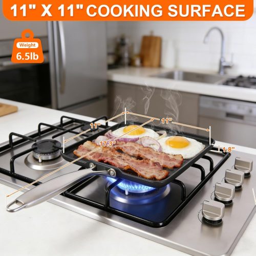 Square cast iron grill pan with stainless steel handle, pre-seasoned ridged surface, suitable for indoor and outdoor BBQ.