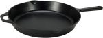 Heavy-duty pre-seasoned cast iron skillet with even heat distribution, oven safe, stove compatible, 15-inch size.