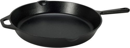 Heavy-duty pre-seasoned cast iron skillet with even heat distribution, oven safe, stove compatible, 15-inch size.