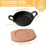 Mini cast iron skillet set with iron handles and wooden trays, 6.4-inch size, oven safe for indoor and outdoor use.