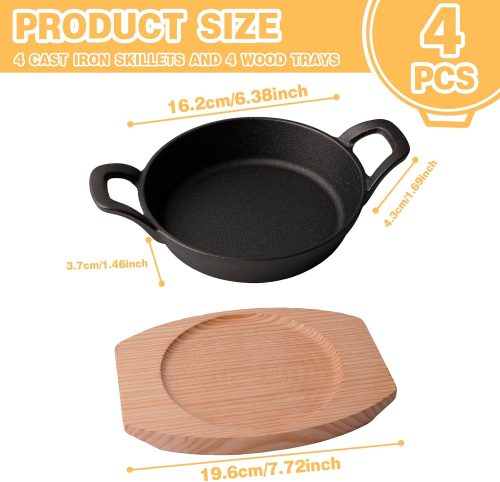 Mini cast iron skillet set with iron handles and wooden trays, 6.4-inch size, oven safe for indoor and outdoor use.