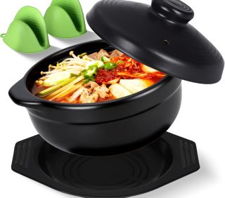 Korean stone bowl with lid and silicone mitts, 37 oz earthenware for bibimbap and ramen.