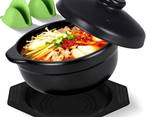 Korean stone bowl with lid and silicone mitts, 37 oz earthenware for bibimbap and ramen.