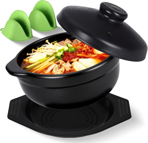 Korean stone bowl with lid and silicone mitts, 37 oz earthenware for bibimbap and ramen.