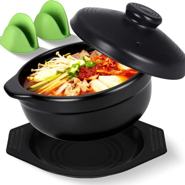 Korean stone bowl with lid and silicone mitts, 37 oz earthenware for bibimbap and ramen.