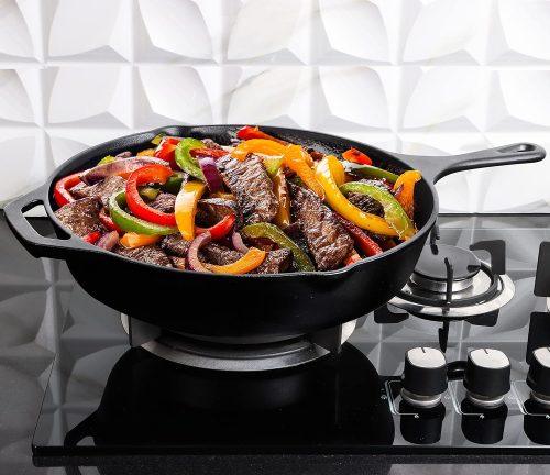 Premium cast iron skillet with PFAS-free pre-seasoned surface, suitable for stovetop, oven, campfire and grill, even heat distribution.