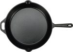 Heavy-duty pre-seasoned cast iron skillet with even heat distribution, oven safe, stove compatible, 15-inch size.