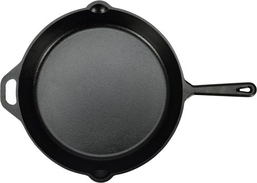 Heavy-duty pre-seasoned cast iron skillet with even heat distribution, oven safe, stove compatible, 15-inch size.