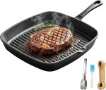Square cast iron grill pan with pour spout, oven safe, 9.5-inch size.