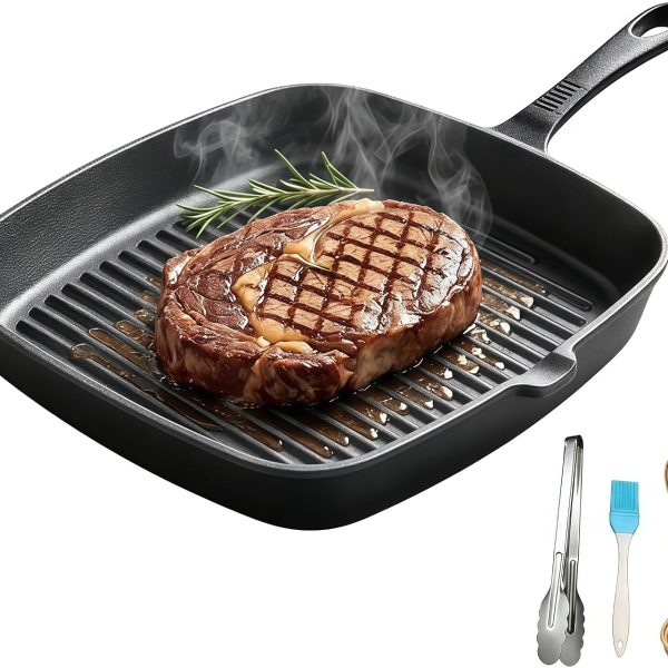 Square cast iron grill pan with pour spout, oven safe, 9.5-inch size.