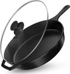 Premium cast iron saut?? pan with lid, pre-seasoned, safe for indoor and outdoor cooking.