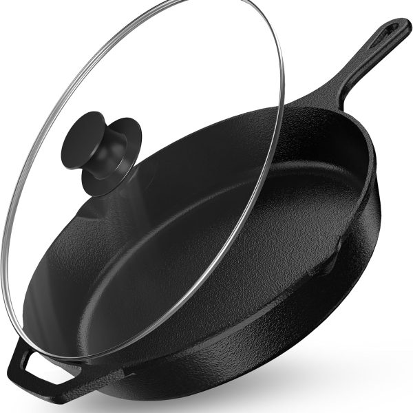 Premium cast iron saut?? pan with lid, pre-seasoned, safe for indoor and outdoor cooking.