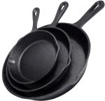 Cast iron skillet 3-piece set including cookbook, heavy-duty pre-seasoned pans in 10, 8, and 6.25-inch sizes for frying and saut??ing.