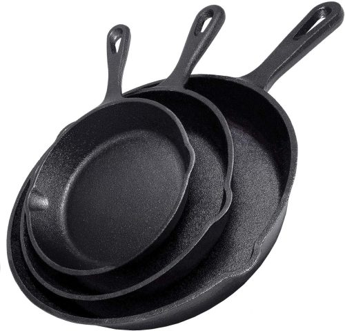 Cast iron skillet 3-piece set including cookbook, heavy-duty pre-seasoned pans in 10, 8, and 6.25-inch sizes for frying and saut??ing.