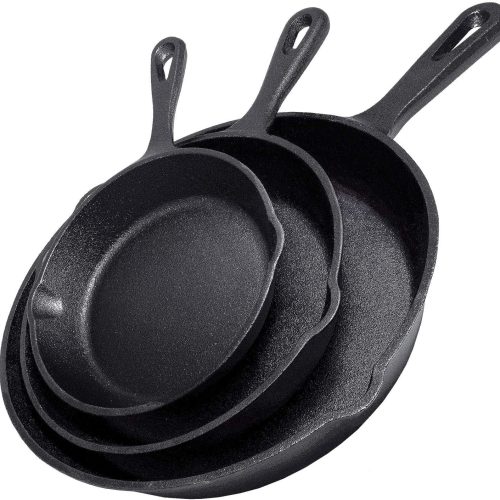Cast iron skillet 3-piece set including cookbook, heavy-duty pre-seasoned pans in 10, 8, and 6.25-inch sizes for frying and saut??ing.