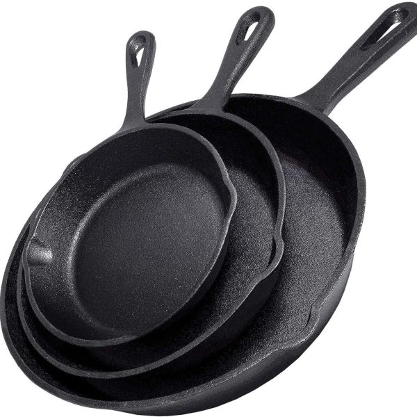 Cast iron skillet 3-piece set including cookbook, heavy-duty pre-seasoned pans in 10, 8, and 6.25-inch sizes for frying and saut??ing.