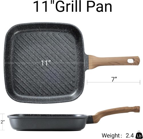 Nonstick grill pan with granite coating, square design, suitable for indoor, outdoor, RV, and camping use.