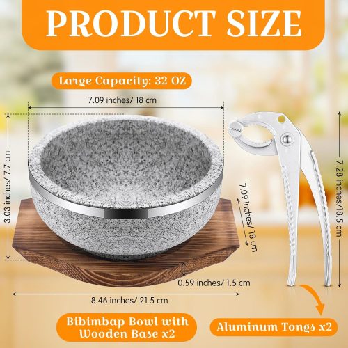 Stone bowl set with wood base and tongs, suitable for Korean restaurant and home use.