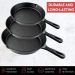 Cast iron skillet 3-piece set including cookbook, heavy-duty pre-seasoned pans in 10, 8, and 6.25-inch sizes for frying and saut??ing.