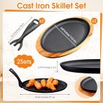 Cast iron skillet set with wooden base and removable handle, suitable for restaurant and BBQ events.