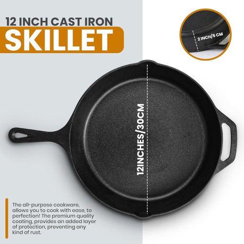 Premium cast iron saut?? pan with lid, pre-seasoned, safe for indoor and outdoor cooking.