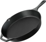 Premium cast iron skillet with PFAS-free pre-seasoned surface, suitable for stovetop, oven, campfire and grill, even heat distribution.