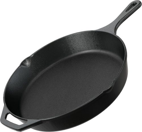 Premium cast iron skillet with PFAS-free pre-seasoned surface, suitable for stovetop, oven, campfire and grill, even heat distribution.