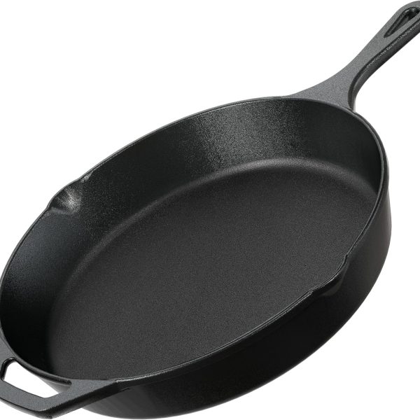 Premium cast iron skillet with PFAS-free pre-seasoned surface, suitable for stovetop, oven, campfire and grill, even heat distribution.