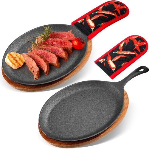 Cast iron fajita plate set with wooden tray and hot mitt, suitable for home and restaurant use.