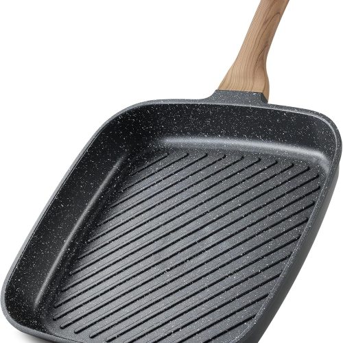 Nonstick grill pan with granite coating, square design, suitable for indoor, outdoor, RV, and camping use.