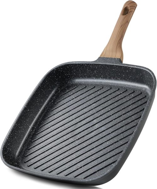 Nonstick grill pan with granite coating, square design, suitable for indoor, outdoor, RV, and camping use.