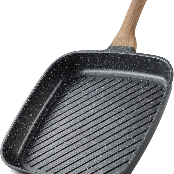 Nonstick grill pan with granite coating, square design, suitable for indoor, outdoor, RV, and camping use.