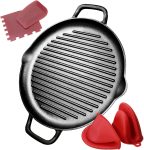 Cast iron grill pan with dual handles, pre-seasoned heavy-duty construction, suitable for stovetop, oven, and BBQ.