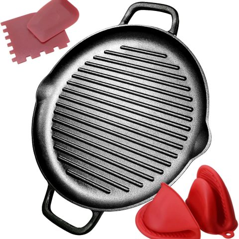 Cast iron grill pan with dual handles, pre-seasoned heavy-duty construction, suitable for stovetop, oven, and BBQ.