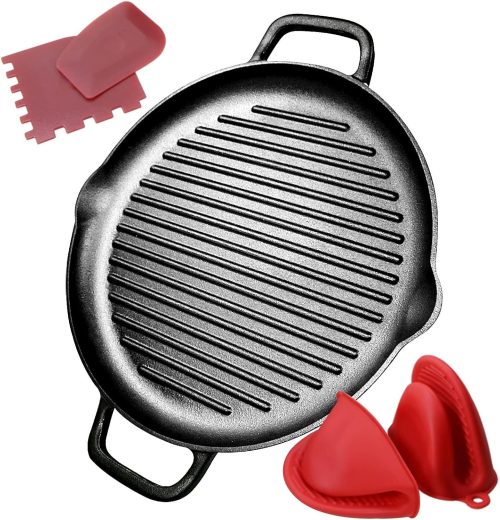 Cast iron grill pan with dual handles, pre-seasoned heavy-duty construction, suitable for stovetop, oven, and BBQ.