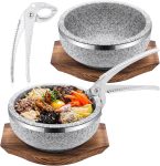 Stone bowl set with wood base and tongs, suitable for Korean restaurant and home use.